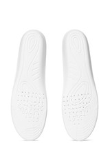 Subject shot of two white insoles with sketchy feet drawings and ventilation holes on the bottom....