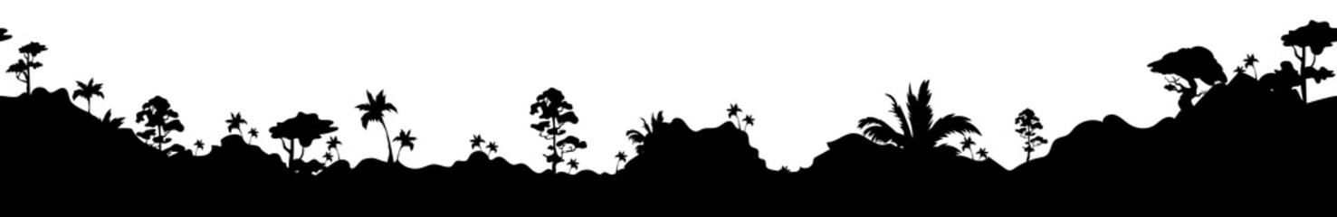 Jungle landscape black silhouette seamless border. Trees and mountains, exotic nature monochrome vector illustration. Rainforest decorative ornament design. Tropical plants repeating pattern