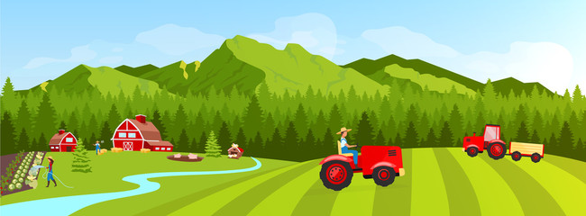 Farmland flat color vector illustration. Filed and plantation rural landscape. Vegetables cultivation and harvesting. Farmers 2D cartoon character with coniferous forest and mountains on background © IMGvisualsCharacters