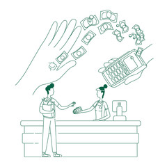 Microchip, NFC payment device thin line concept vector illustration. Cashless shopping, people with e-money 2D cartoon character for web design. Gadget embedded in human hand creative idea