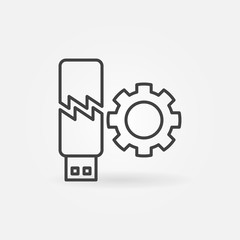 Broken USB Memory Stick with Gear vector outline concept icon