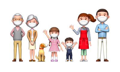 Masked whole family and dog, created by 3d rendering