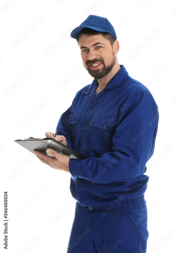 Sticker portrait of professional auto mechanic with clipboard on white background