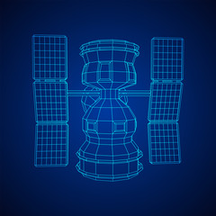 Space station communications satellite. Wireframe low poly mesh vector illustration.