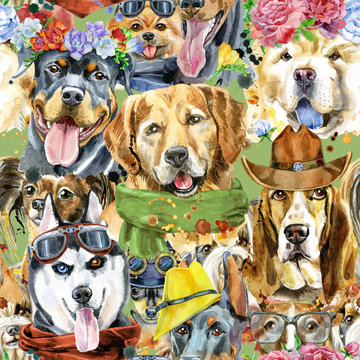 Watercolor seamless pattern of dogs on white background