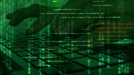Cyber hacker attack data secure in spy typing on laptop keyboard at work with graphic user ...