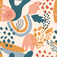 Fototapeta premium Abstract floral seamless paper with lines, blobs,flowers,dots and abstract shapes.Digital repeating paper background for fabric, wallpaper, surface design, wrapping, scrapbook paper