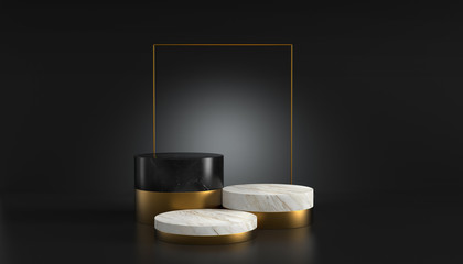 3d illustration of white marble podium isolated on luxury black background, elegant round gold frame with cylinder steps on abstract minimal concept, clean design and minimalist pedestal mock