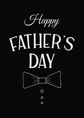 Happy father's day text vector card poster design. White text on black background with tie bow.