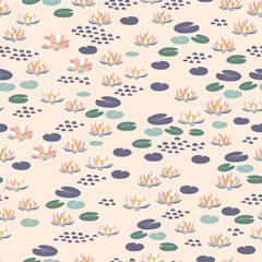 Lake seamless pattern design with water lily flowers and leaves, vector repeating background for kids products design.repeating background for fabric, textile, nursery girl room decor, wallpaper
