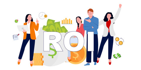 business people happy achieving Return on Investment get return. Vector illustration concept of ROI.