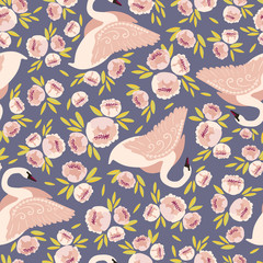 Beautiful spring seamless pattern with cute hand drawn vector swan birds for kids products design. Cute baby and kids repeating background for fabric, textile, nursery girl room decor, wallpaper