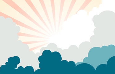 sky with clouds and sun rays. blue cloud and red sun ray background illustration.