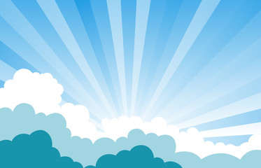 Blue sky and sun rays with clouds . blue green cloud  background illustration.