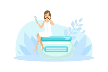 Tiny Beautiful Young Woman Sitting on Huge Cosmetic Jar, Spa and Hygiene Procedures Flat Vector Illustration