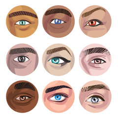 Human Eyes of Various Colors in Circles Collection, Part of Male or Female Faces Part Vector Illustration