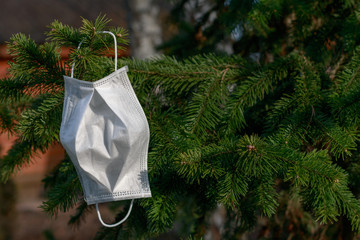a single piece of a protective disposable surgical face mask left and hanging on a pine tree, highlighted with sun