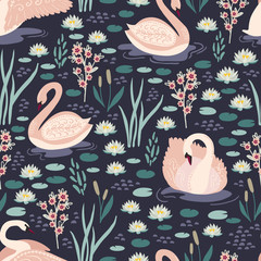 Beautiful spring seamless pattern with cute hand drawn vector swan birds for kids products design. Cute baby repeating background for fabric, textile, nursery,wallpaper,scrapbook © saltoli