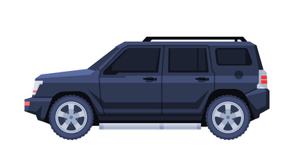 Black Jeep Car, Government or Presidential Off Road Vehicle, Luxury Business Transportation, Side View Flat Vector Illustration