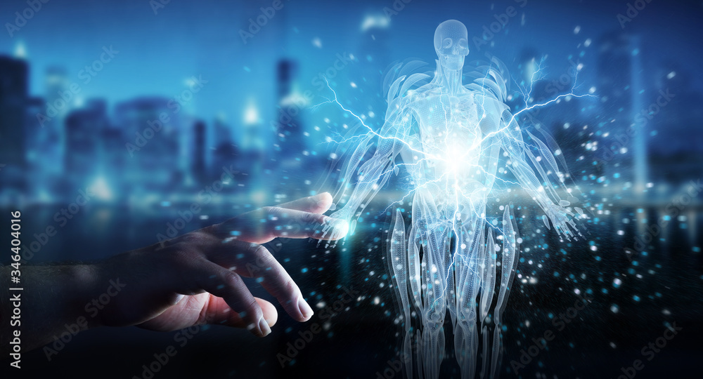 Poster man hand using digital x-ray human body holographic scan projection 3d rendering