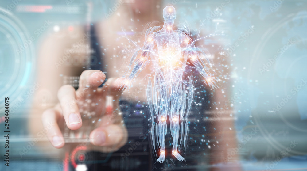 Poster woman using digital x-ray human body holographic scan projection 3d rendering