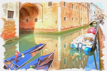 Fototapeta na wymiar Channels. Imitation of a picture. Oil paint. Illustration. City Venice