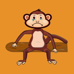the monkey is crying and sitting on a tree trunk