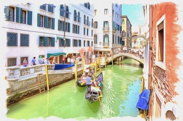 Gondolas and gondoliers. Imitation of a picture. Oil paint. Illustration. City Venice