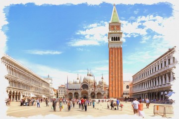 Piazza San Marco. Imitation of a picture. Oil paint. Illustration. City Venice