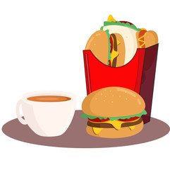 Vector illustration of colorful fast food, such as french fries, humberger, hot dogs and popcorn. many delicious foods but fast food nutrition is not healthy for our body in our daily lifestyle
