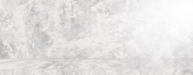 Panorama gray cement concrete floor and wall backgrounds,  interior room, display products. White grey color for background. Old grunge textures with scratches and cracks. 