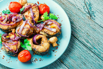 Fried mackerel with vegetables