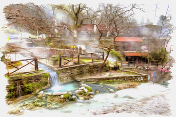 Artificial waterfall on the river Termopotamos. Imitation of a picture. Oil paint. Illustration