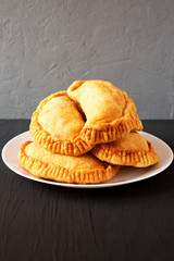 Homemade Deep Fried Italian Panzerotti Calzone with sauce on a white plate, side view.