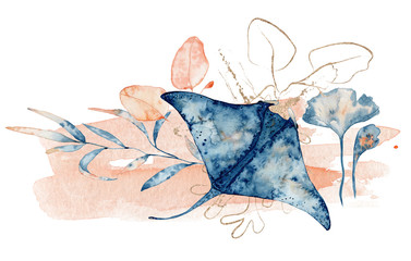 Watercolor illustration of ray fish in blue color with floral composition isolated on white background © EvgeniiasArt