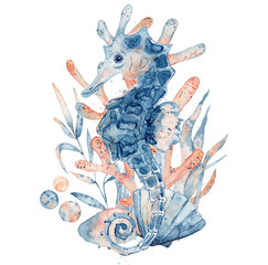 Watercolor illustration of seahorse in blue color with floral composition isolated on white background © EvgeniiasArt