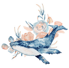 Watercolor illustration of whale in blue color with floral composition isolated on white background © EvgeniiasArt
