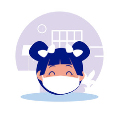 Girl kid cartoon head with mask at home vector design