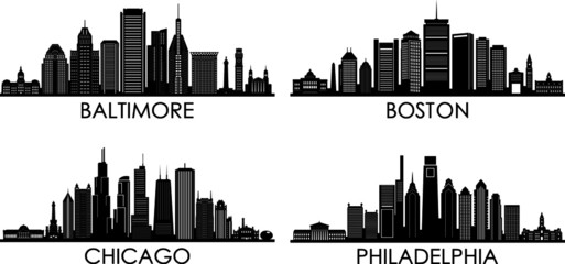BALTIMORE CHICAGO BOSTON PHILADELPHIA City Skyline Silhouette Cityscape Vector