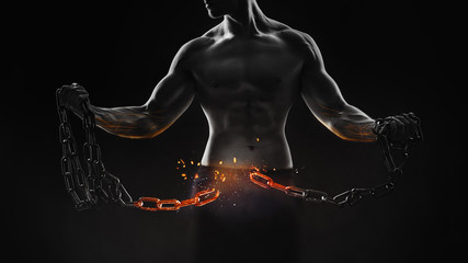 Concept - broken metal chain. Strong one with perfect muscles breaks the chain.