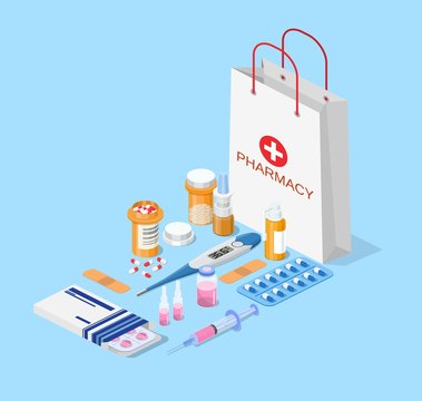 paper packet with medicine pills bottles liquids and capsules icon. pharmacy and drugstore concept Web banner landing page. 3d isometric design. Vector illustration in flat style