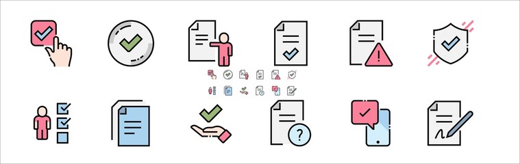 Approve Filled Outline Icons. Colorful Linear Set Vector Line Icon. Protection Guarantee, Accepted Document, Quality Check and more. 64x64 Pixel Perfect. Editable Stroke