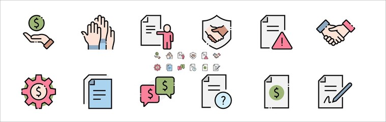 Business Cooperation Filled Outline Icons. Colorful Linear Set Vector Line Icon. Synergy, Partnership, Interaction and more. 64x64 Pixel Perfect. Editable Stroke