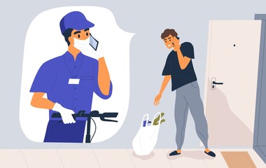 Contactless delivery service concept. Courier in medical mask and gloves call the customer. Man receiving grocery bag during pandemic. Safe shipping. Vector illustration in flat cartoon style
