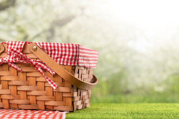 On green grass, a picnic basket against the backdrop of the landscape. A backdrop for relaxing and...