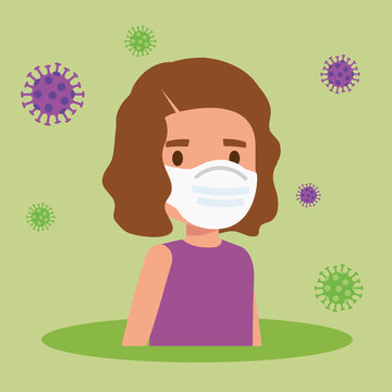 cute girl using face mask with particles covid 19 vector illustration design