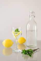 Bottle of sparkling mineral water and glass with healthy cocktail with lemon and fresh mint. Detox drink