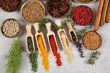 Spices in wooden spoon.