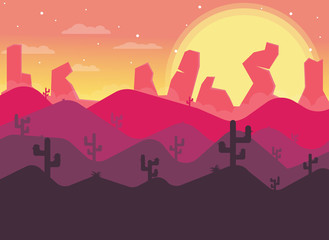 Paisaje desértico al amanecer con montañas y cactus con estilo de dibujos planos.