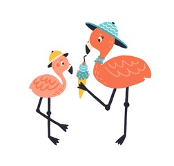 Funny cartoon mother and child flamingo eating ice cream together. Colorful cute wild bird family in hat isolated on white background. Joyful mom give to kid sweet delicious waffle cone